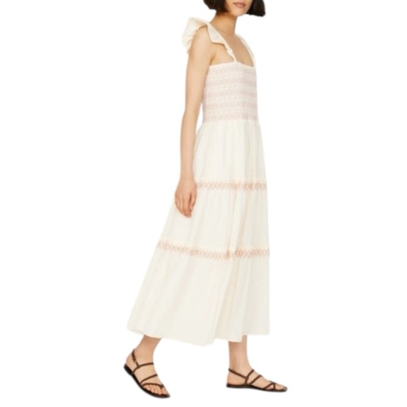 Madewell Lucie Smocked Embroidered Tiered Midi Dress -Lighthouse / Cream - Large - Picture 3 of 14